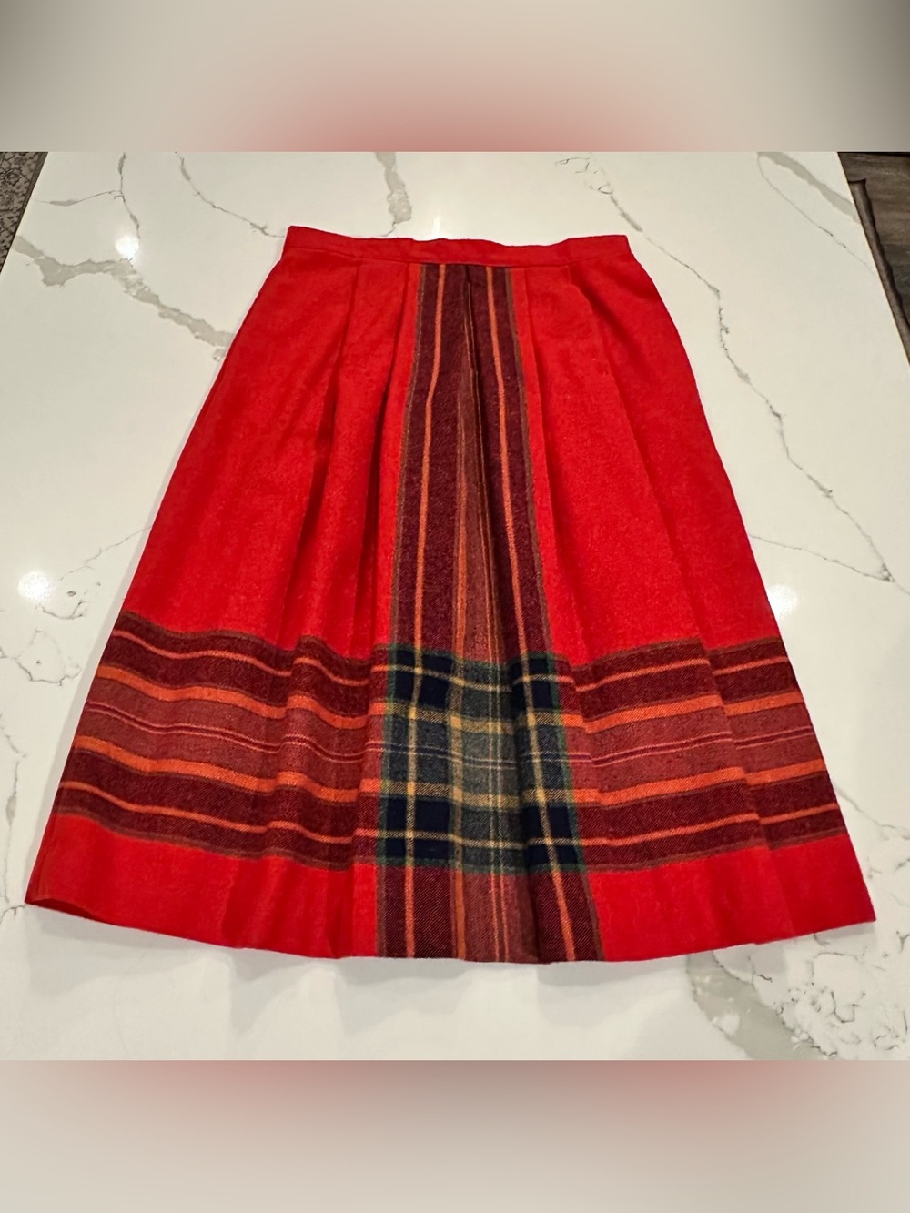 Vintage Red Plaid Pleated Midi Skirt Wool Italy Women's M Holiday Academia Retro